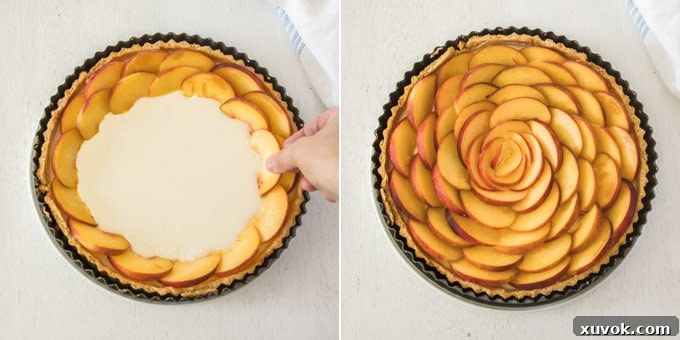 2 photos: arranging peach slices on top of the filling