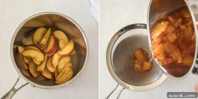 2 photos: making peach jelly from fresh peaches