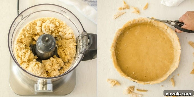 2 photos: tart dough in a food processor, tart dough shaped in a tart pan