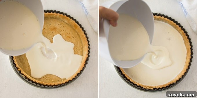 2 photos: adding cream cheese filling to the baked tart shell