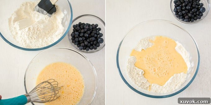 Two glass mixing bowls, one containing dry muffin ingredients and the other wet ingredients, ready to be combined