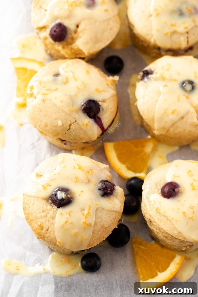 A top-down view of six freshly baked blueberry orange muffins arranged around a small bowl of fresh blueberries and orange slices
