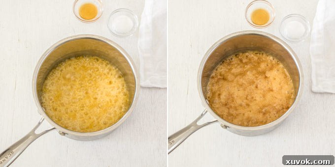 Two photos side by side showing the process of boiling a caramel mixture in a saucepan for hazelnut praline, changing from clear to a golden hue.