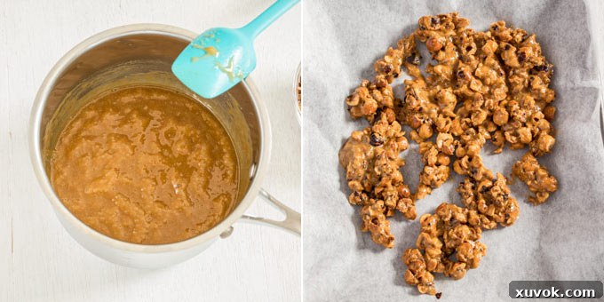 Two photos showing the hazelnut praline being mixed with nuts and then setting into a hard slab on a lined baking tray.