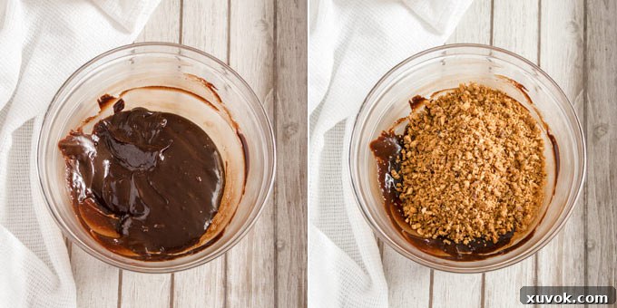Two photos depicting hazelnut praline crumbs being added to a bowl of smooth, glossy chocolate ganache, ready for mixing.