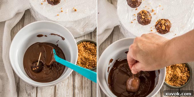 Two photos illustrating the process of coating chocolate truffles in melted dark chocolate using a toothpick, with excess chocolate spinning off.