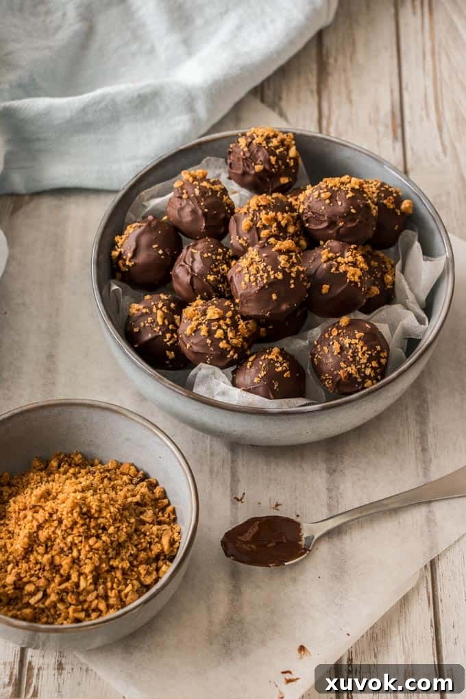 Hazelnut Praline Chocolate Truffles arranged beautifully in a bowl, showcasing their perfect round shape and dark chocolate coating.