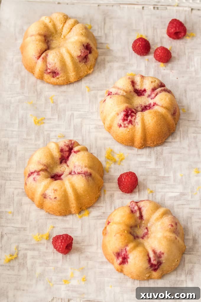 Four Lemon Raspberry Mini Bundt Cakes sitting on a textured surface with raspberries and lemon zest sprinkled about, evoking a sunny spring day.
