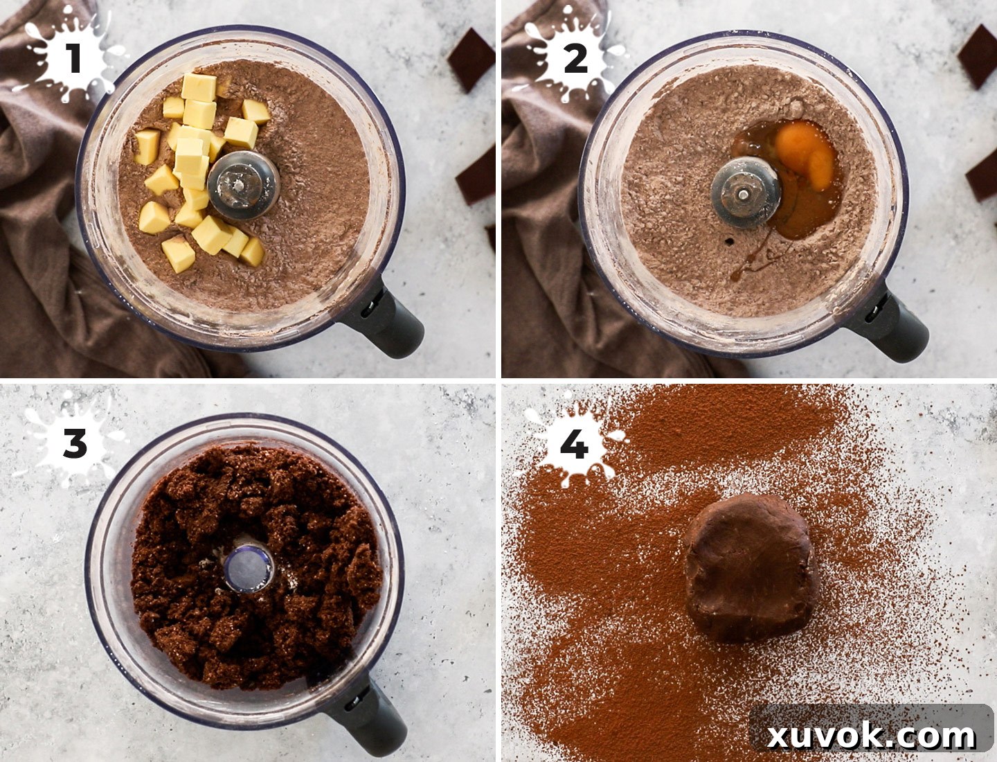 A collage showing how to make the chocolate pastry dough.
