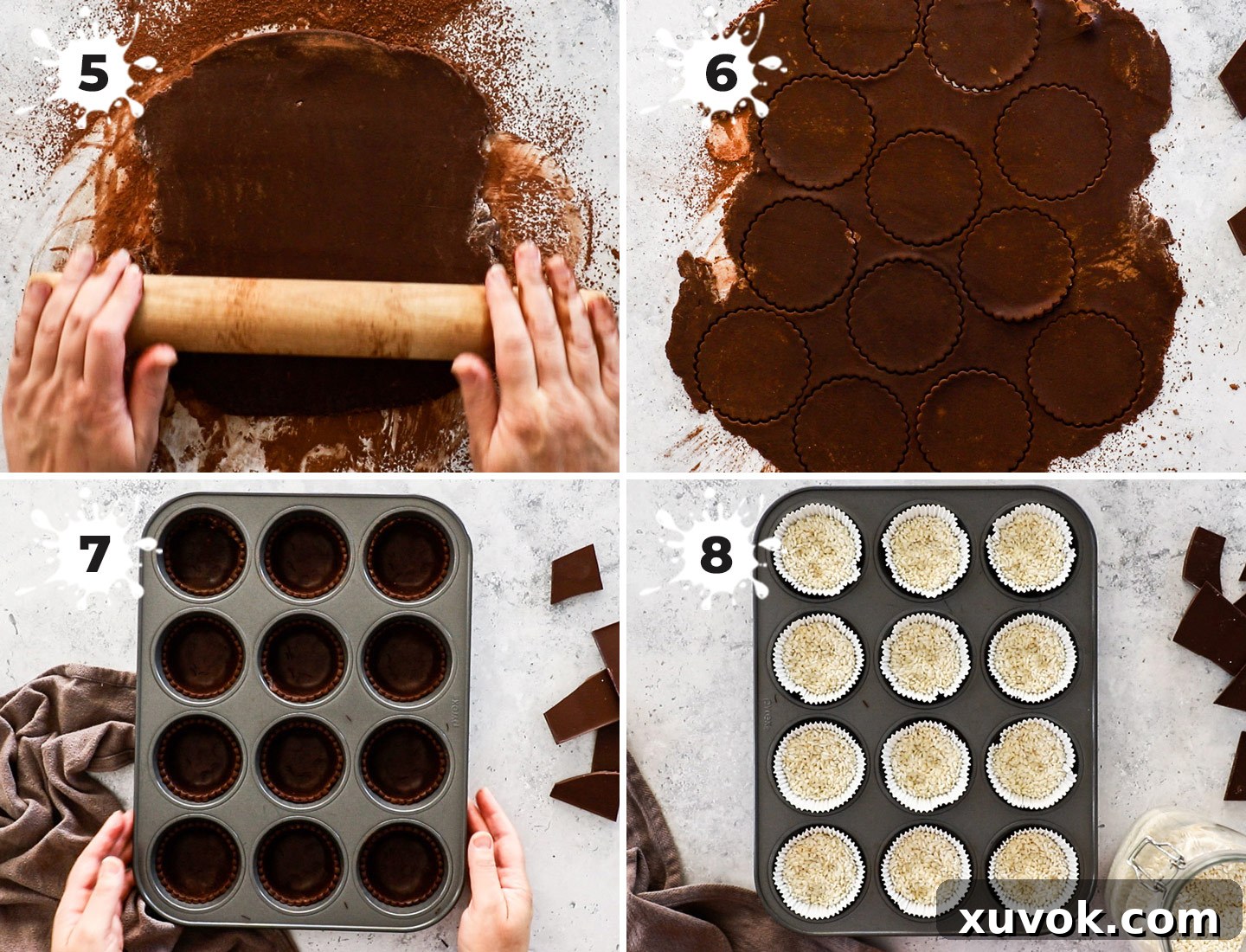 A collage showing how to prepare the tart shells for baking.