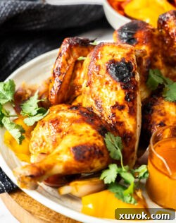 Closeup of half of the harissa chicken, golden brown and garnished.