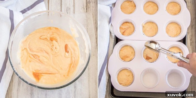 Two photos side-by-side: a mixing bowl with cupcake batter, and batter being divided into muffin tins with paper liners.