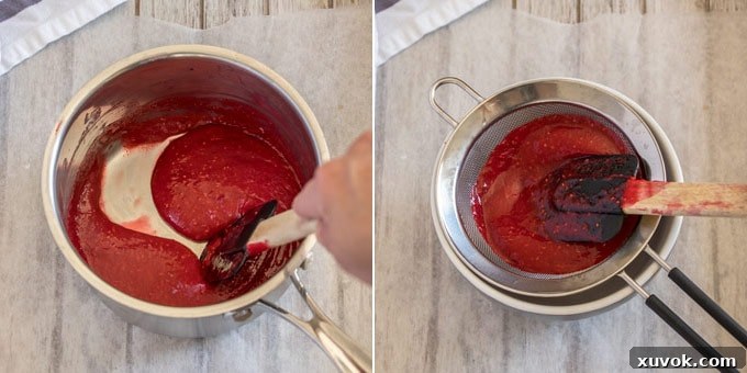 Two photos side-by-side: raspberries and other ingredients simmering in a saucepan for the filling, and the finished raspberry filling being strained through a sieve.