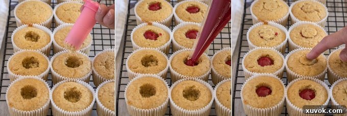 Three photos in sequence: cutting a hole in a cupcake with a corer, filling the hole with raspberry puree, and placing the cut-out cupcake piece back into the hole to seal it.