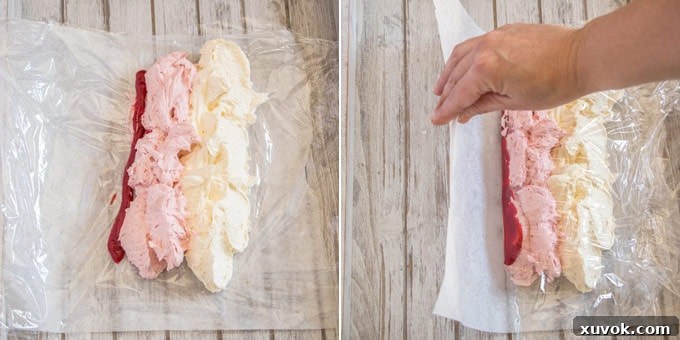 Two photos side-by-side: A step-by-step guide showing how to arrange white and pink buttercream with a line of raspberry puree on plastic wrap.