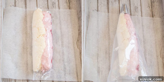 Two photos side-by-side: The rolled-up three-tone frosting log inside plastic wrap, and the log being inserted into a pastry bag fitted with a star tip.