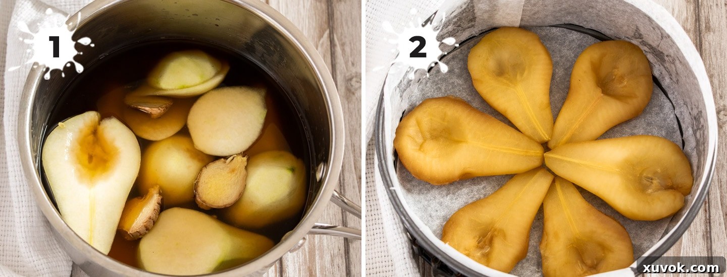 Showing how to poach and arrange the pears in a pan, ready for the cake batter.