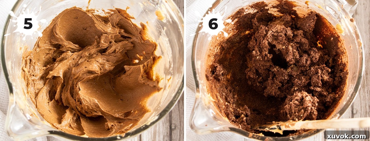 Adding almond flour to the chocolate cake batter.