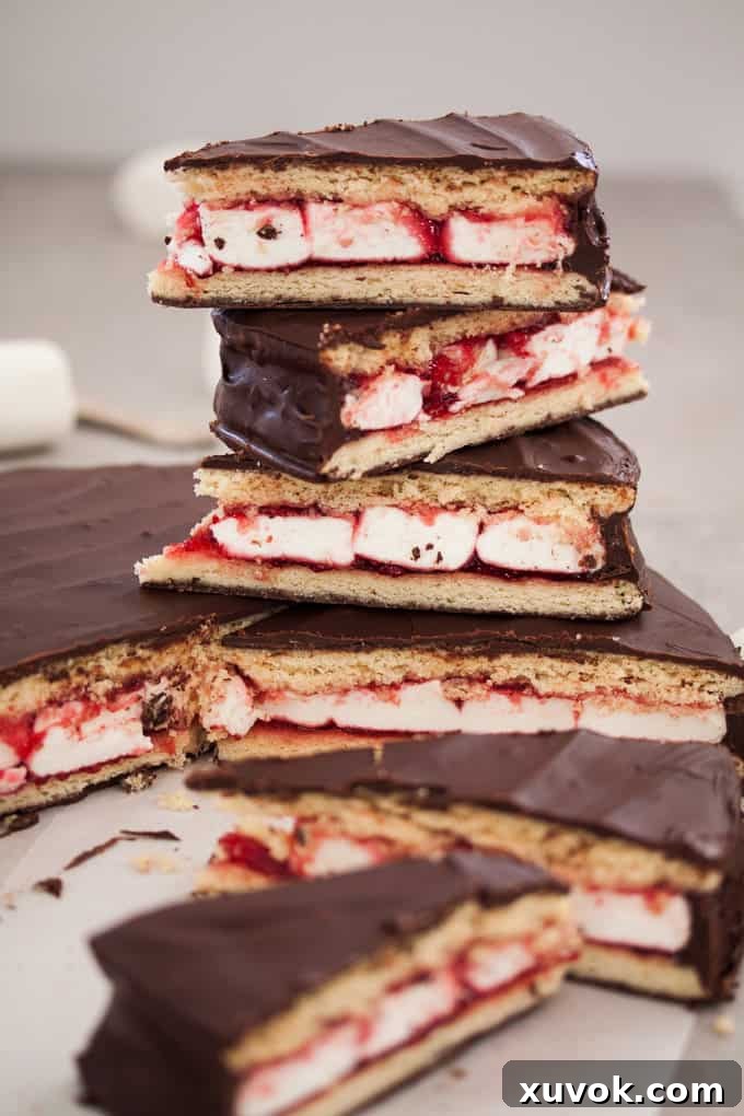 Slices of giant wagon wheel stacked on top of each other, showing the marshmallow and jam filling.