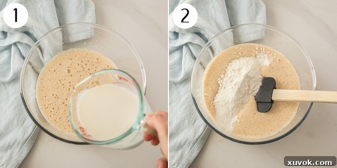 A collage demonstrating the initial steps of mixing cupcake batter: frothy eggs and buttermilk, followed by adding flour.
