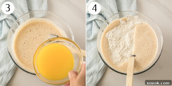 A collage illustrating the addition of melted butter and the final flour mixture to the cupcake batter.