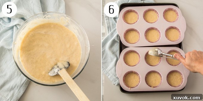 A collage showing a bowl of liquid cupcake batter and a muffin tin with liners filled to ¾ capacity.