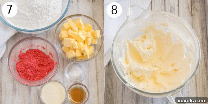 A collage showing the six ingredients for strawberry buttercream laid out, and then softened butter being beaten with powdered sugar until light.