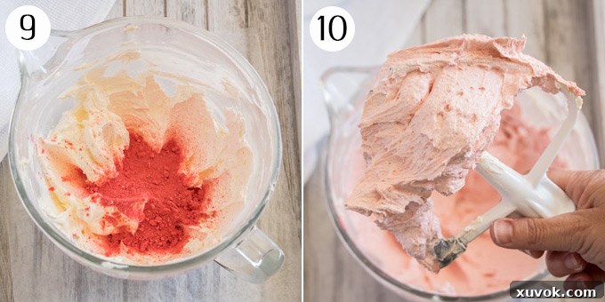 Collage showing freeze-dried strawberry powder being added to the light pink buttercream and the final smooth consistency.
