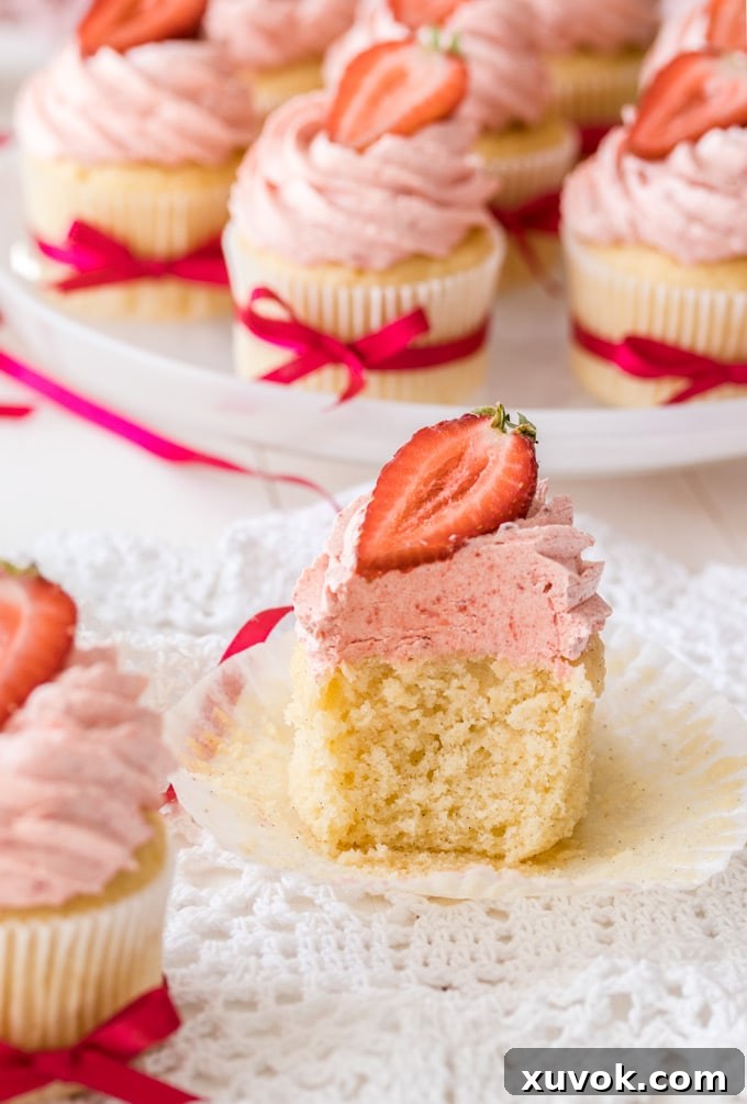 A vanilla cupcake that's been cut in half, revealing its fluffy, moist interior texture.