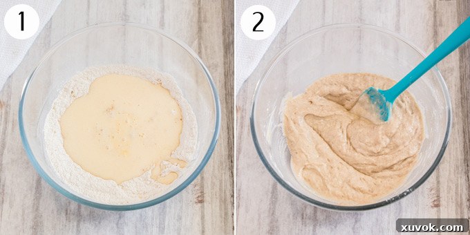 A collage showing the process of mixing wet and dry ingredients for cake donut batter.