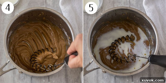 A collage showing the steps to create a smooth and thick brown butter icing in a saucepan.