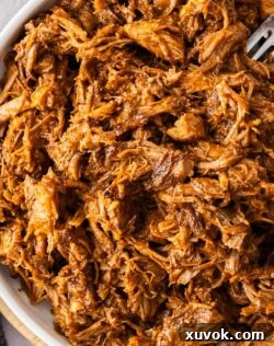 Super closeup shot of the bbq pulled pork.