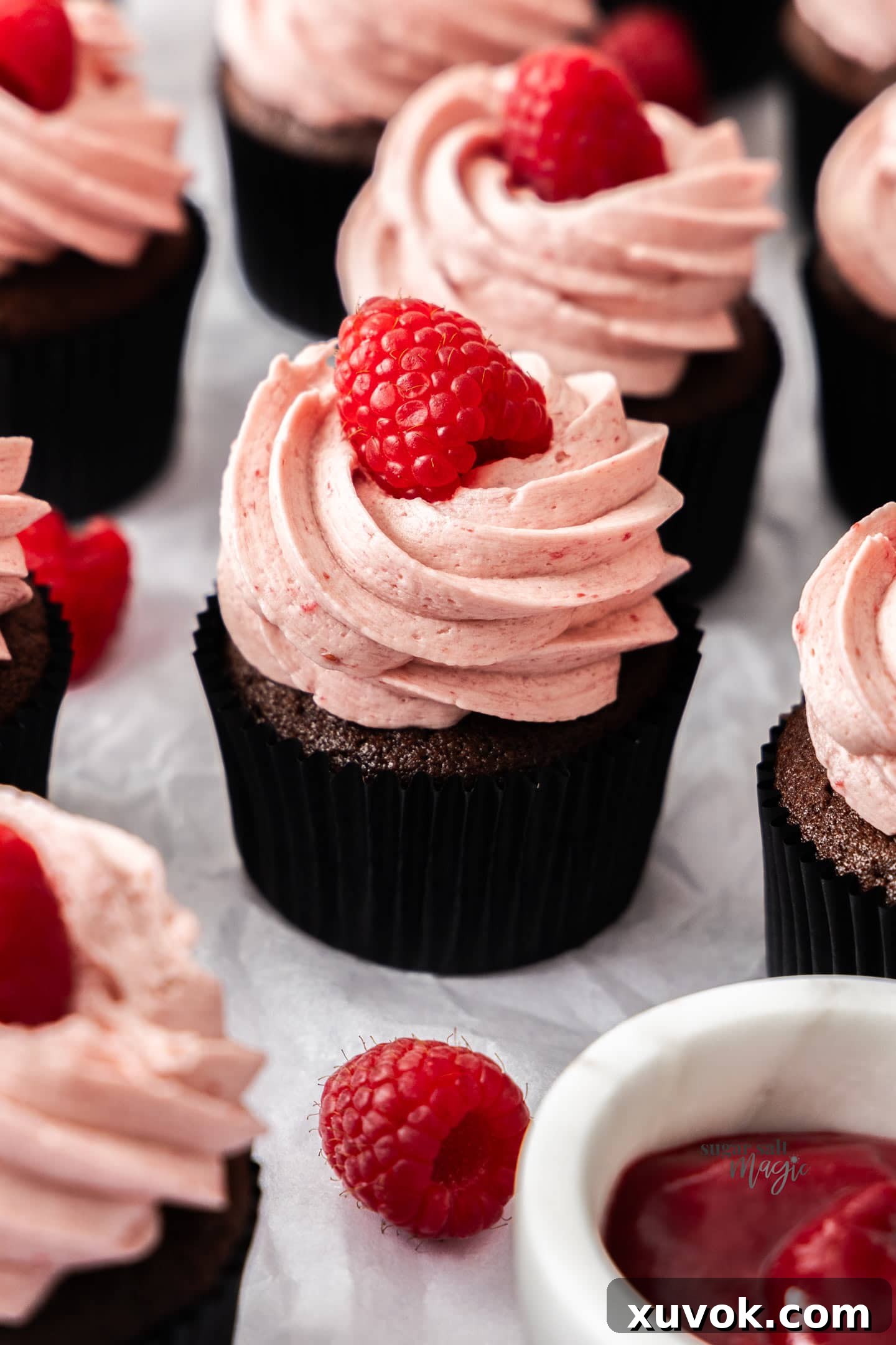 Closeup of a chocolate raspberry cupcake with a perfect frosting swirl.