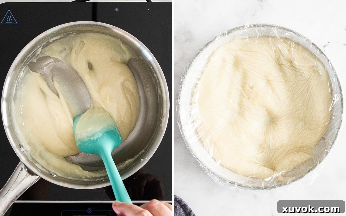 The thick pudding base for ermine buttercream cooking in a saucepan.
