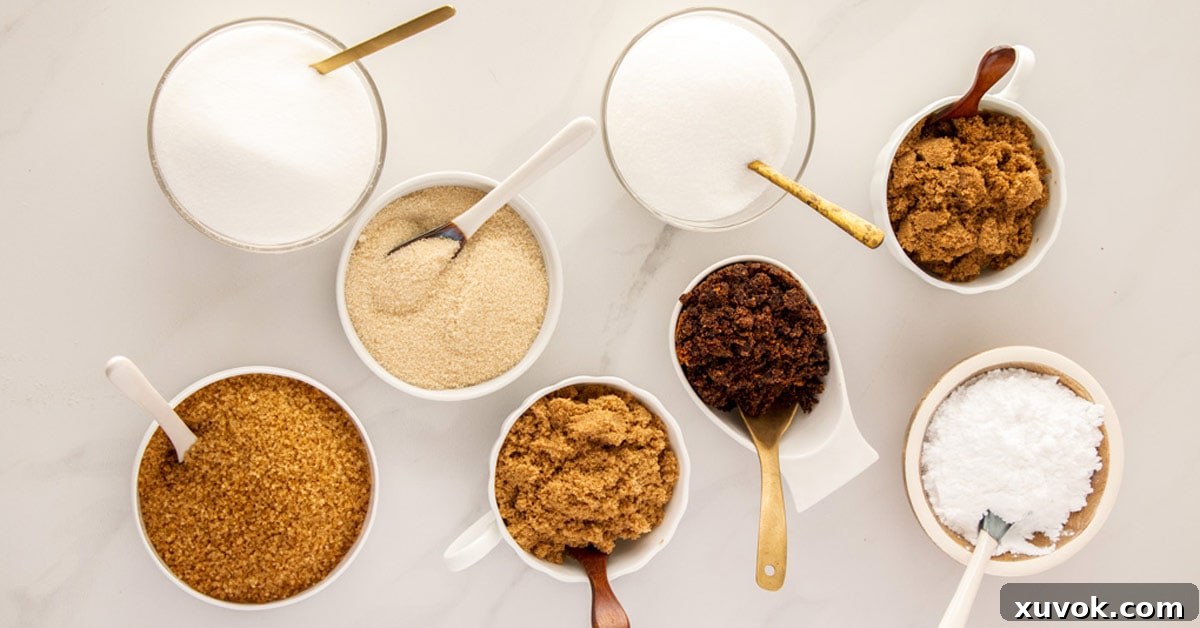 A comprehensive collection of eight different types of sugar, neatly arranged in bowls on a clean white background, each distinct in color and texture.