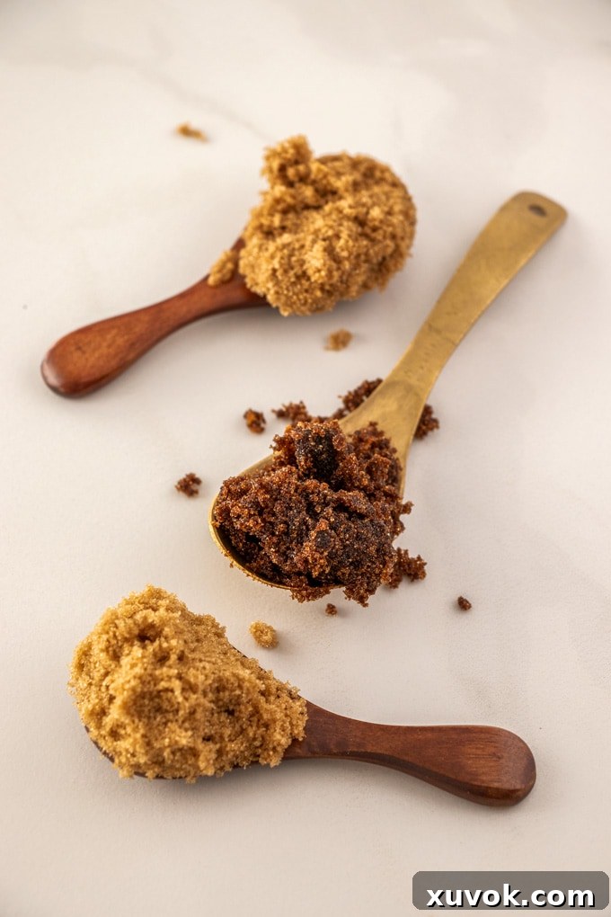 Three spoons displaying different types of brown sugar: Dark Brown, Dark Muscovado, and Light Brown Sugar, showcasing their varying shades and textures.