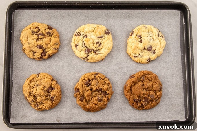 Six baked chocolate chip cookies arranged on a baking tray, showing the differences in spread and color resulting from using various sugar types.