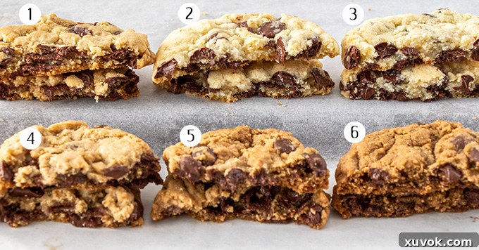 Six baked chocolate chip cookies broken in half, revealing their internal texture, crumb, and the impact of different sugar types on chewiness and density.