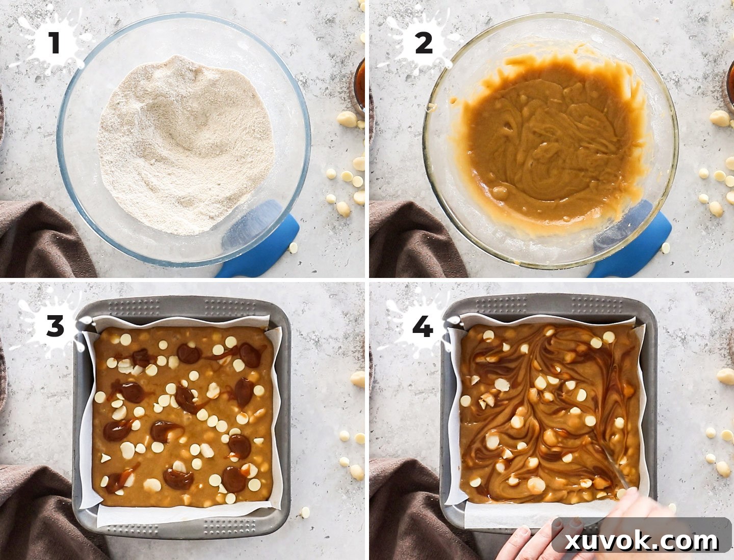 A step-by-step collage illustrating the simple process of making caramel blondies, from mixing ingredients to swirling caramel into the batter, showcasing the ease of this one-bowl recipe.