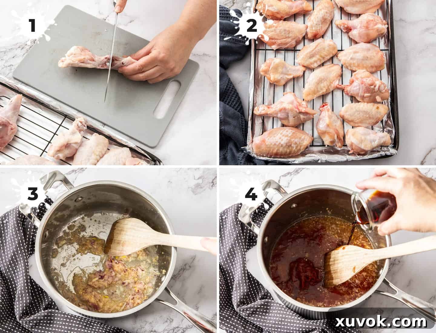 A collage of 4 images showing how to prepare the chicken wings and Korean gochujang sauce.