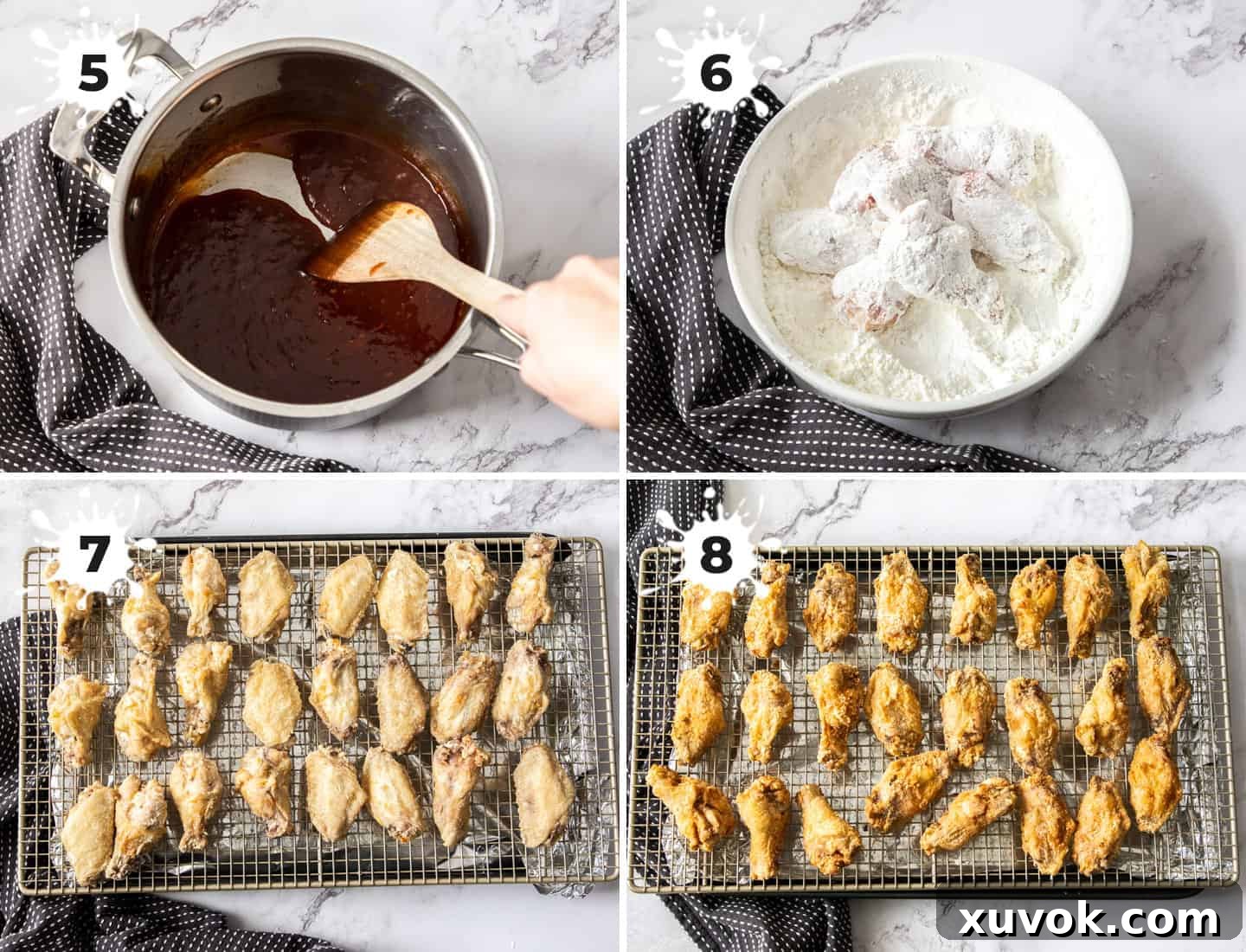 A collage of 4 images showing how to coat and deep-fry chicken wings, illustrating the twice-frying process.