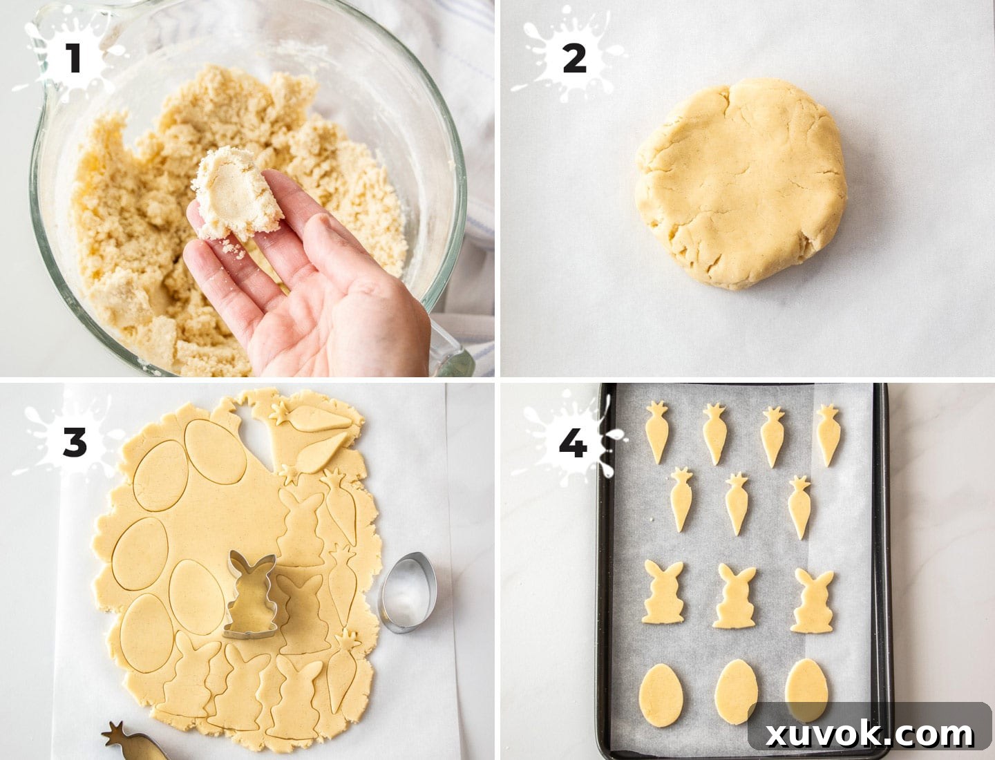 A collage of 4 images showing how to make sugar cookie dough from creaming butter to cutting shapes.
