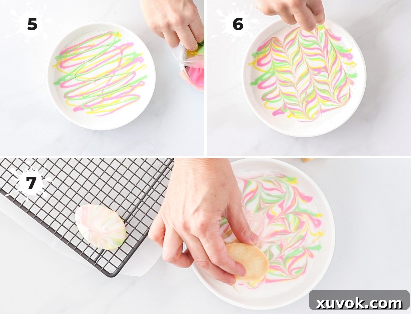 A collage of 3 images showing how to create the marble icing effect on sugar cookies.