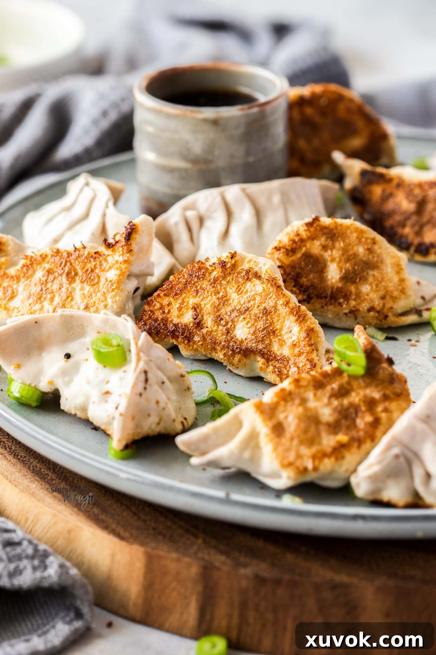 Closeup of the crispy bottom on gyoza, showcasing the perfect golden-brown crust.