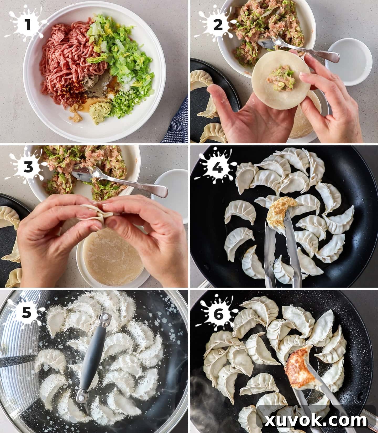 A collage of 6 images showing how to make pork gyoza step-by-step, illustrating the preparation process.