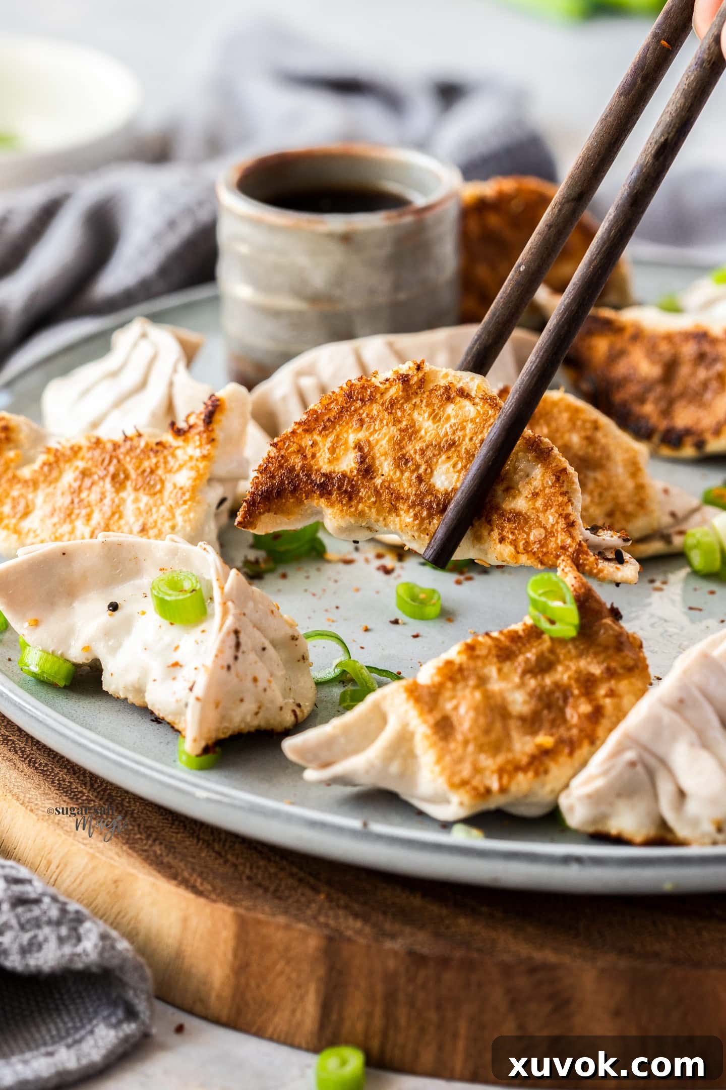 A gyoza dumpling being held with chopsticks, ready to be dipped and enjoyed.