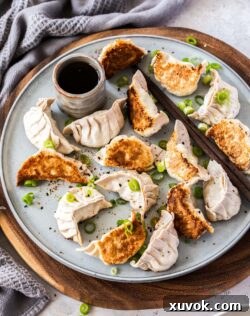 A batch of gyoza on a grey plate.