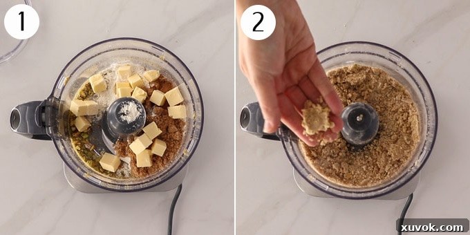 A food processor bowl containing ingredients for the crumble topping, showing the pistachios, flour, sugar, cinnamon, and butter before and after processing.
