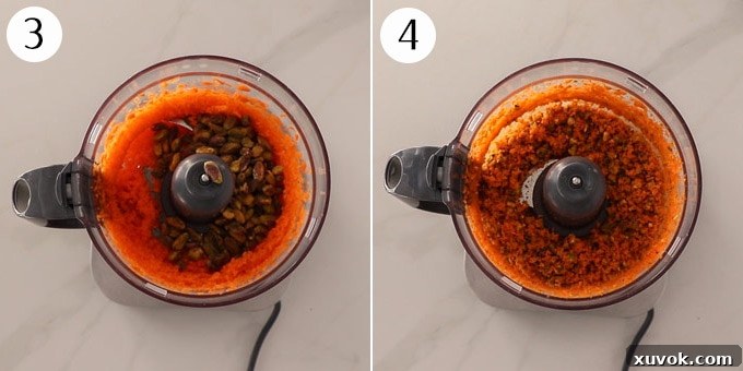 Two photos side-by-side. The first shows chopped carrots in a food processor, and the second shows finely chopped carrots and pistachios after processing.