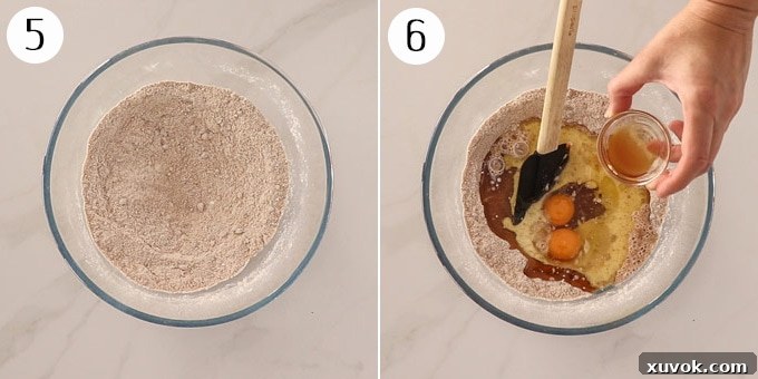 Two photos showing the muffin batter preparation: one with dry ingredients in a bowl, the other with wet ingredients being added.